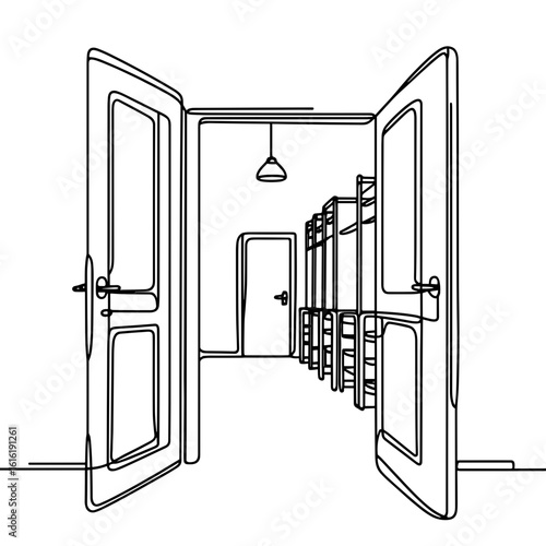Open door revealing long hallway in line art style in black and white