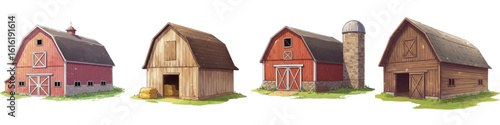 Set of isolated barns in various styles and colors  