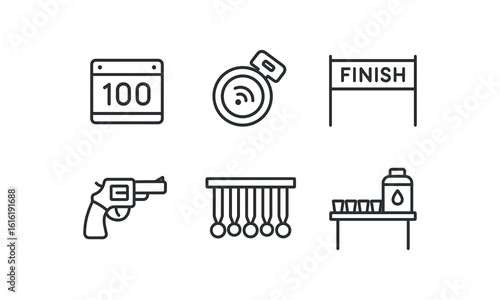 straight perfect stroke icon mono icons style isolated race number bib race timing chip race finish banner race start pistol prop race medal rack race hydration station