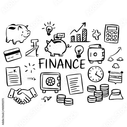 Hand-drawn finance icons set featuring money, wallet, and business elements