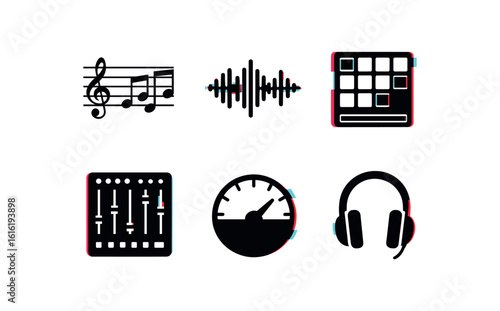 isolated backgond music scale diag music waveform graph music sampler pad music miing console music tuner dial music headphone speaker