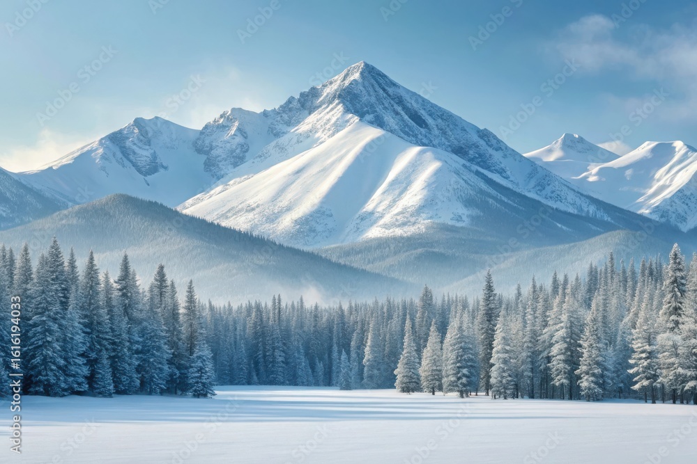 Fototapeta premium Majestic snowcovered mountains rise above a serene winter forest under a clear blue sky