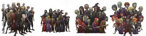 Isolated Zombie crowd with various characters in colorful costumes  
