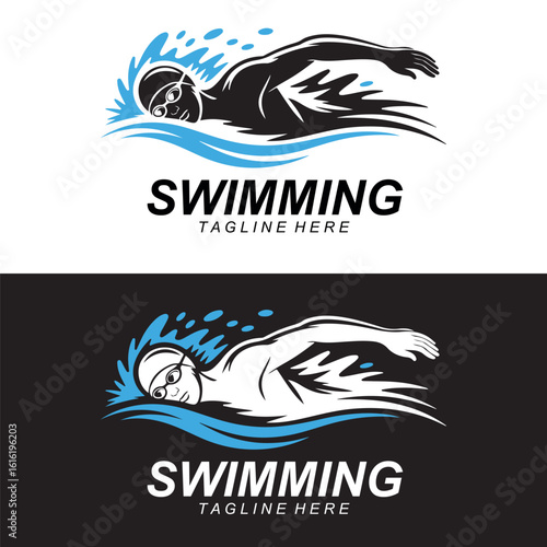 Swimming Logo Design with Swimmer Silhouette and Water Wave Motion