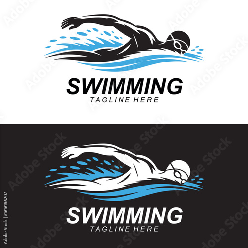 Swimming Logo Design with Swimmer Silhouette and Water Wave Motion