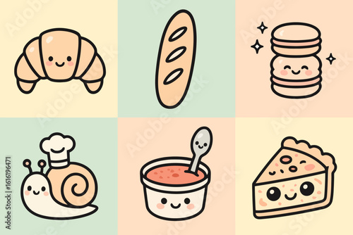 Cute pastel cartoon French cuisine items like quiche and escargot in anime style. Ideal for kawaii food packaging, prints, and stock art.