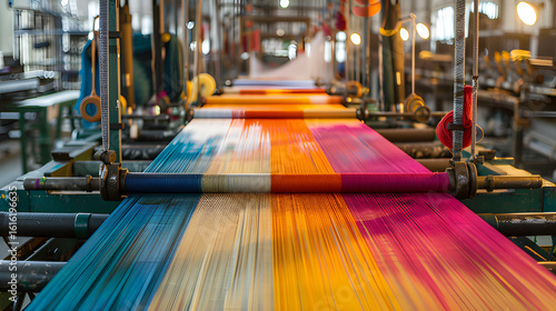 Textile factory looms, fabric dying, textile fashion production machinery mill. Automated fabric cutting mass production. Tapestry weaving loom, handloom silk cotton mile fashion factory. 
