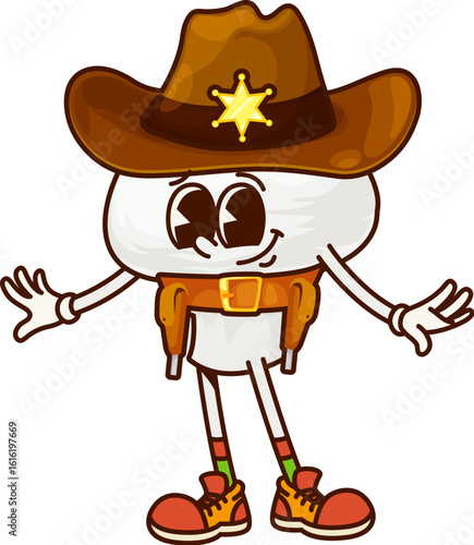 Cartoon groovy mushroom cowboy or champignon sheriff and bandit vegetable, vector character. Funny groovy mushroom in cowboy hat as Wild West sheriff or Western ranger with guns and bandoleer