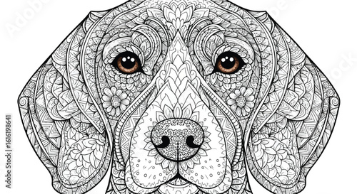 Stylized dog portrait with intricate black and white zentangle patterns and expressive brown eyes.