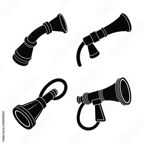 Garden Hose Nozzle Silhouette Icons Set, Black Water Spray Nozzle Vector Illustration Isolated on White Background
