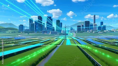 Futuristic Smart Eco-City with Solar Energy, Wind Power, Green Skyscrapers, and Next-Gen Transportation