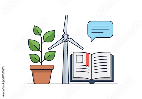 Sustainable Learning Wind Turbine Plant and Open Book Illustration.