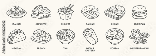 World cuisines doodle icon set. Cute hand drawn illustrations of italian, japanese, indian, french, korean, mexican, chinese, mediterranean dishes. Black and white cartoon art for global food lovers.