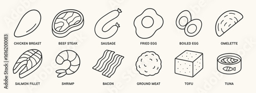 Protein foods doodle icon set. Cute hand drawn illustrations of chicken, beef, eggs, tofu, pork, snack, shrimp, sausage. Black and white cartoon art for healthy meal design.