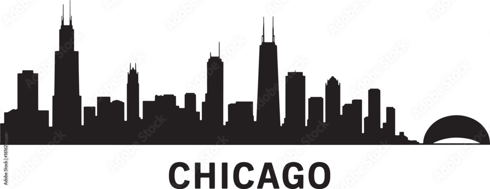 Obraz premium Chicago Skyline Silhouette Vector Illustration with City Name Below for Design Projects and Prints