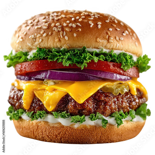 Juicy cheeseburger with sesame seed bun isolated on transparent background