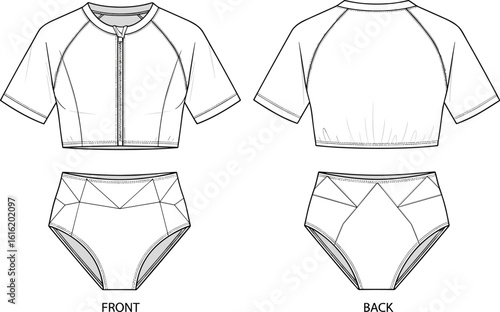Women's Two-Piece Swimsuit Set, Cropped Rash Guard Top and High-Waisted Bikini Bottom, Sporty Beachwear, Summer Apparel, Active Swimwear, White Background, Studio Shot, Vector Template, 