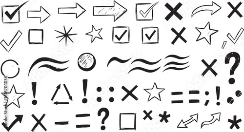 Collection of hand drawn doodle symbols and icons isolated on transparent background
