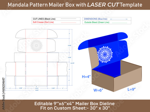 Mandala Patterned Mailer Box with Laser Cut Template for Customizable Packaging Solutions and Designs in Various Sizes and Specifications