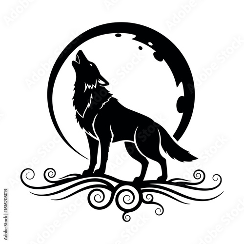 Howling Wolf Silhouette with Ornamental Moon – Tribal Night Spirit Vector.
