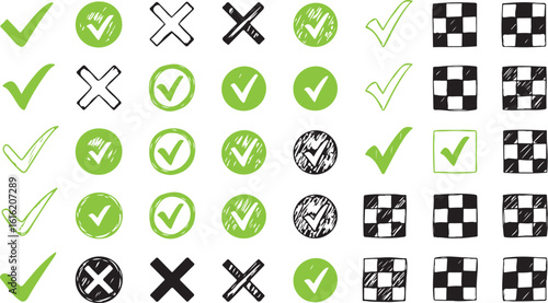 Collection of hand drawn checkmarks and crosses isolated on transparent background