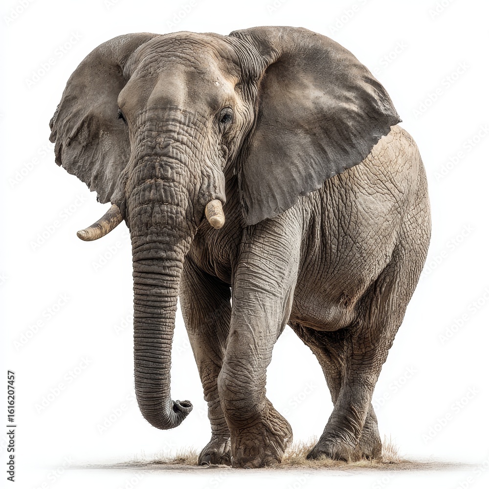 Fototapeta premium Elephant isolated on white background, cut out for wildlife, nature and conservation use