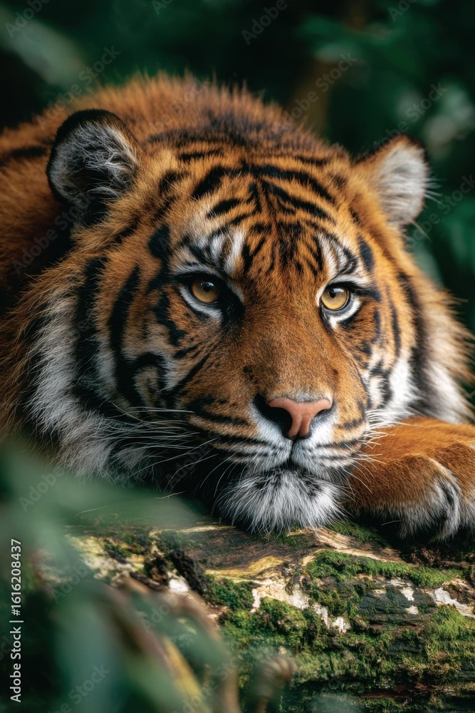 Fototapeta premium Detailed portrait of a tiger resting on a moss-covered tree trunk