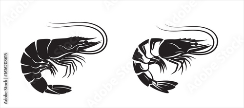 A collection of stylized shrimp and prawn cut-out vector silhouettes on a white background

