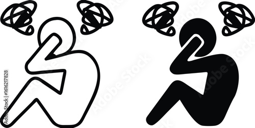 Mental Illness Icons. Black and White Vector Illustration. Man Sitting Holding His Head With Hands. Depression, Mental Disorder, Panic Attacks, Schizophrenia. Disability Concept
