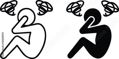 Mental Illness Icons. Black and White Vector Illustration. Man Sitting Holding His Head With Hands. Depression, Mental Disorder, Panic Attacks, Schizophrenia. Disability Concept
