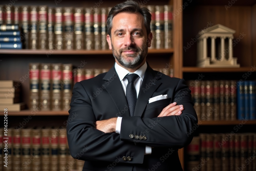Fototapeta premium Confident Attorney Posing in front of Bookshelf Filled with Legal Materials and Scale Model Courthouse