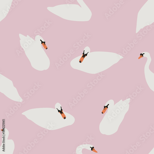 seamless pattern with birds, swans on pink background