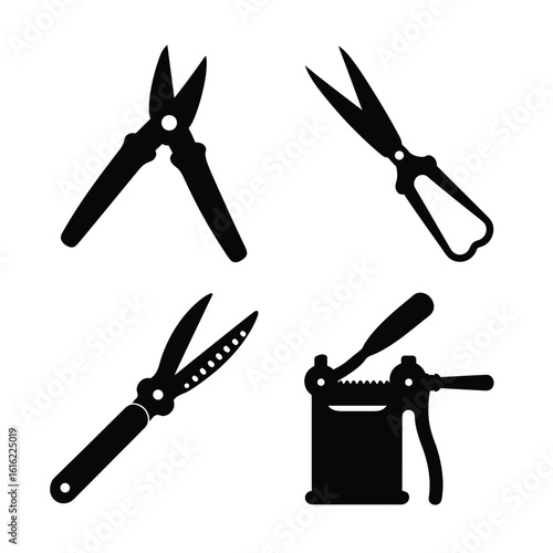 Set of Black Garden Shears and Pruning Tools Icons – Vector Gardening Equipment Silhouette Collection Isolated on White Background