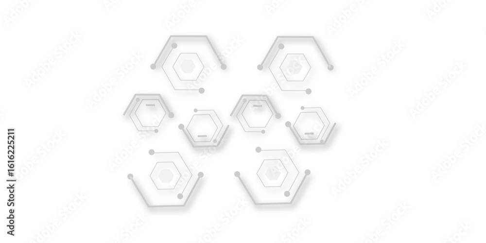 Naklejka premium A minimalist abstract design featuring light gray hexagonal shapes interconnected by lines and dots, casting soft shadows on a white background,creating a clean,futuristic,