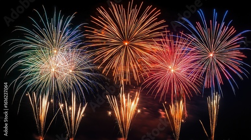 Abstract long-exposure shot of colorful fireworks trails.