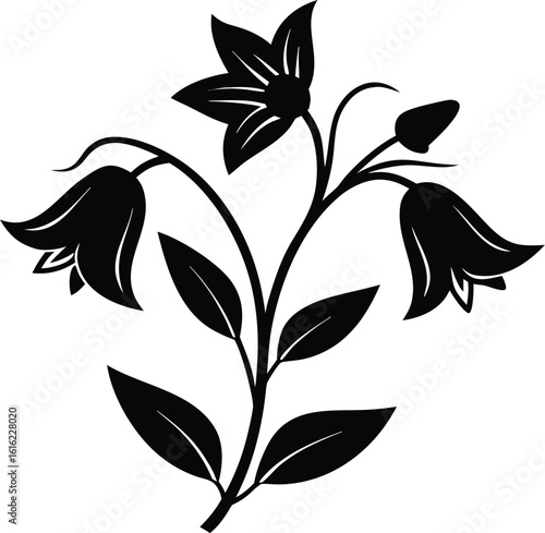 Canterbury bells flower, botanical silhouette drawing, floral line art vector, garden bloom illustration, minimal plant design