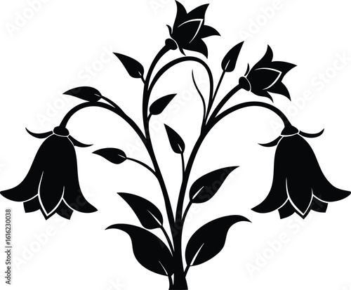 Canterbury bells flower, botanical silhouette drawing, floral line art vector, garden bloom illustration, minimal plant design