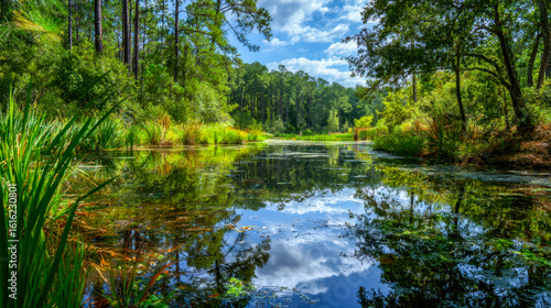 Serene forest river scene with lush greenery and reflections under a bright blue sky