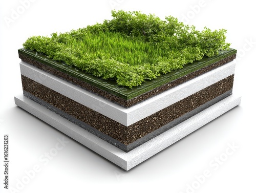 Blueprint cutaway of a green roof system with soil layers, drainage structure, and vegetation. Sustainable building design and eco-construction. White background.