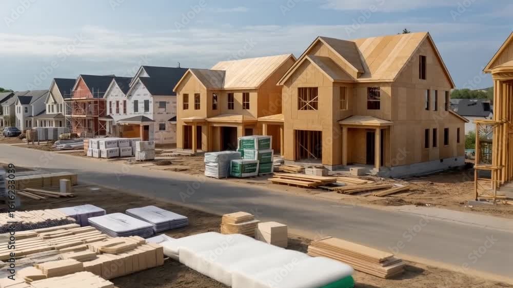 New homes under construction showcase modern suburban development progress with building materials ready