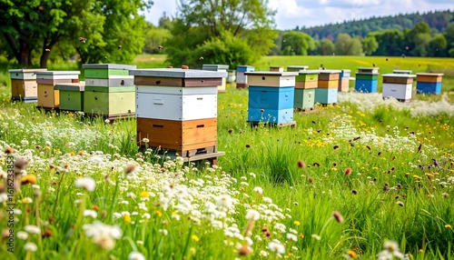 Fototapeta Naklejka Na Ścianę i Meble -  Colorful beehives in a meadow