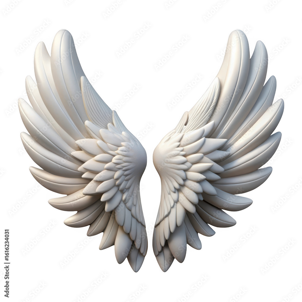 Fototapeta premium Detailed white angel wings with feathers isolated on transparent background