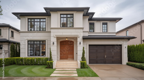 Elegant modern luxury home with pristine landscaping and attached garage
