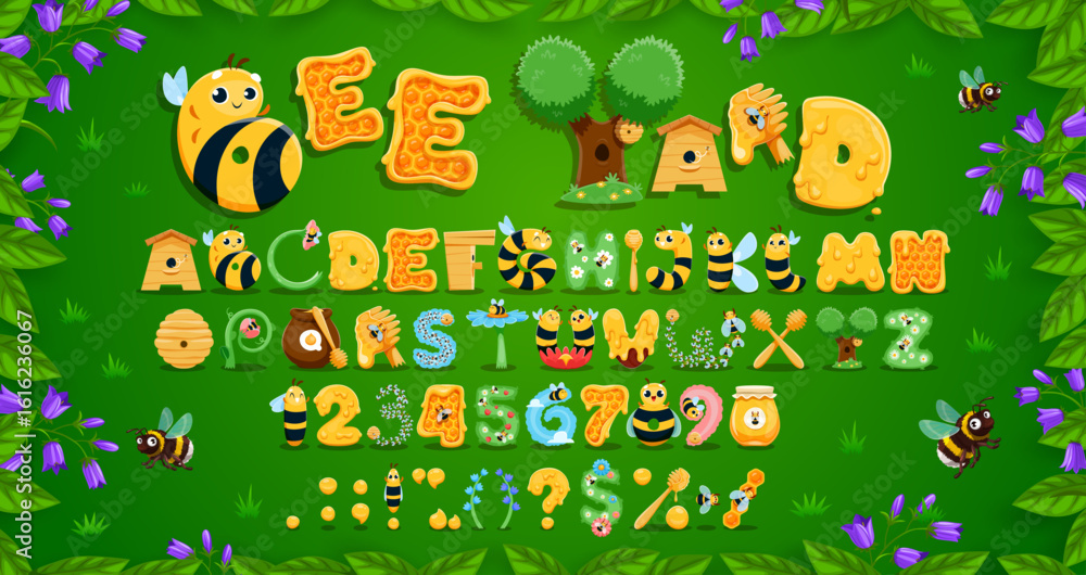Fototapeta premium Funny beekeeping typeface, cartoon honey bee font, apiary type, kids english alphabet vector typography. Honey and bee characters font letters and numbers, honeycombs, jars and hives in flowers frame
