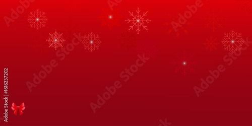 Festive Christmas background with glowing snowflakes and red bow on a red gradient. Vector 