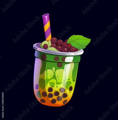 Milk bubble tea, milkshake drink in glass cup with mint leaves, vector cartoon dessert. Milk bubble tea or sweet beverage with boba pearls and matcha tea flavor for milkshake or dessert drinks menu