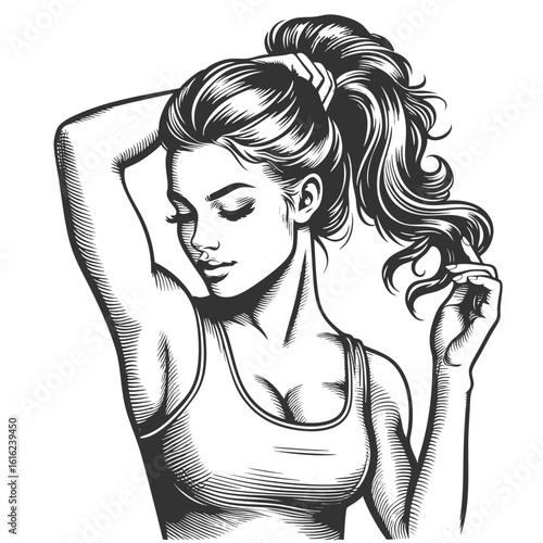 confident woman in a tank top and jeans, tying her hair into a ponytail with a relaxed expression sketch engraving generative ai fictional character vector illustration. Scratch board. Black and white