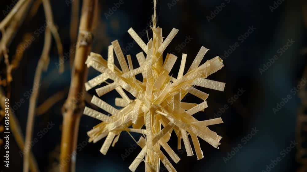 A delicate paper snowflake hangs from a bare tree branch, surrounded by winter scenery A delicate paper snowflake hangs from a bare tree branch, surrounded by winter scenery