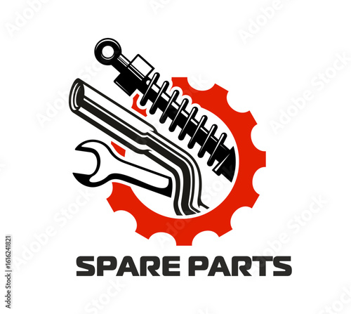 Car auto spare parts icon in black and red. Vector mechanical emblem featuring wrench, shock absorber, bent pipe and gear wheel. Industrial symbol for automotive repair, maintenance or vehicle service