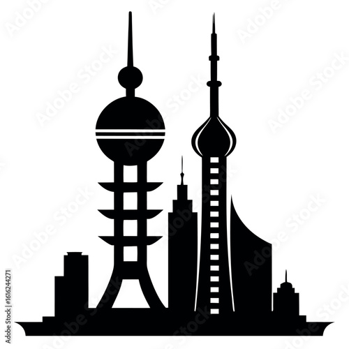 Art of shanghai skyline silhouette featuring the oriental pearl tv tower and other skyscrapers